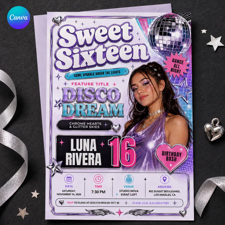 Pink and Purple Sweet 16 Disco Invitation for Girls