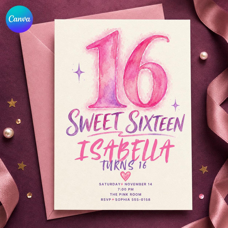 Pink and Purple Sweet 16 Invitation for Girls