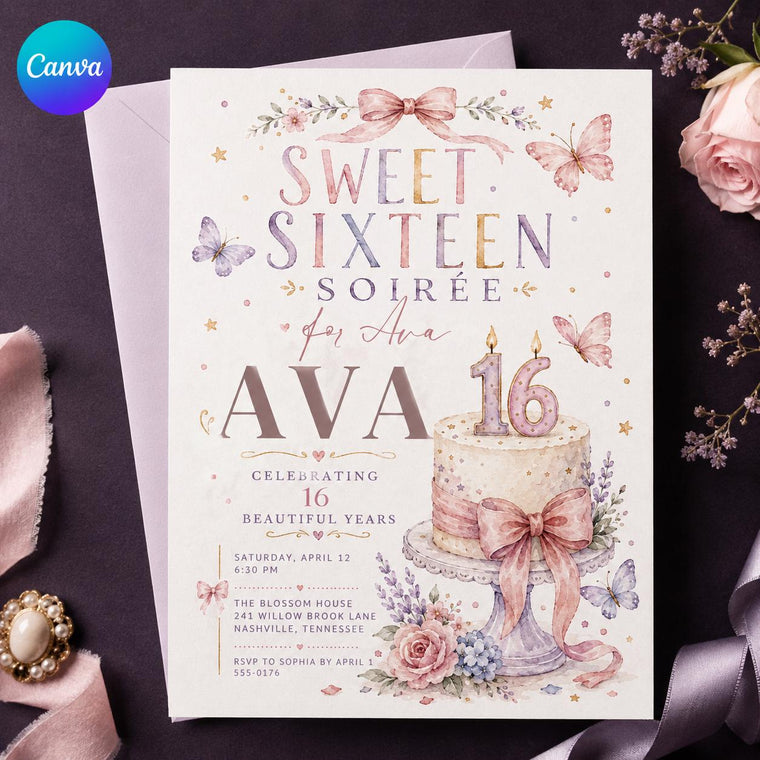 Pink and Purple Sweet Sixteen 16th Birthday Invitation for Girls