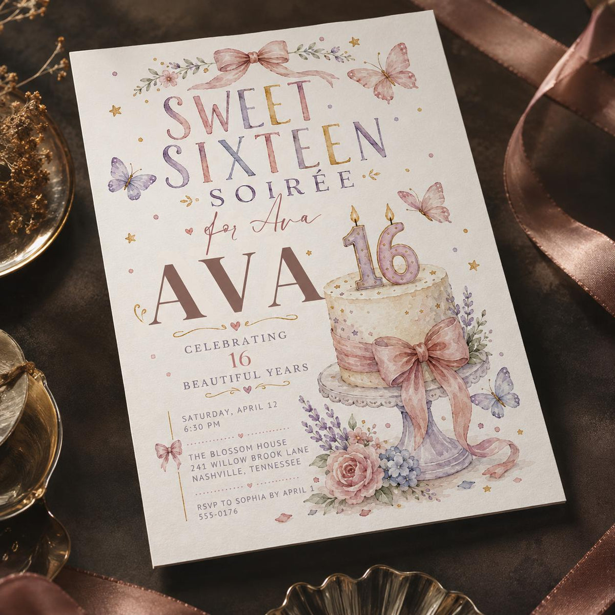 Pink and Purple Sweet Sixteen 16th Birthday Invitation for Girls — print-ready sweet 16 design from VoltBy
