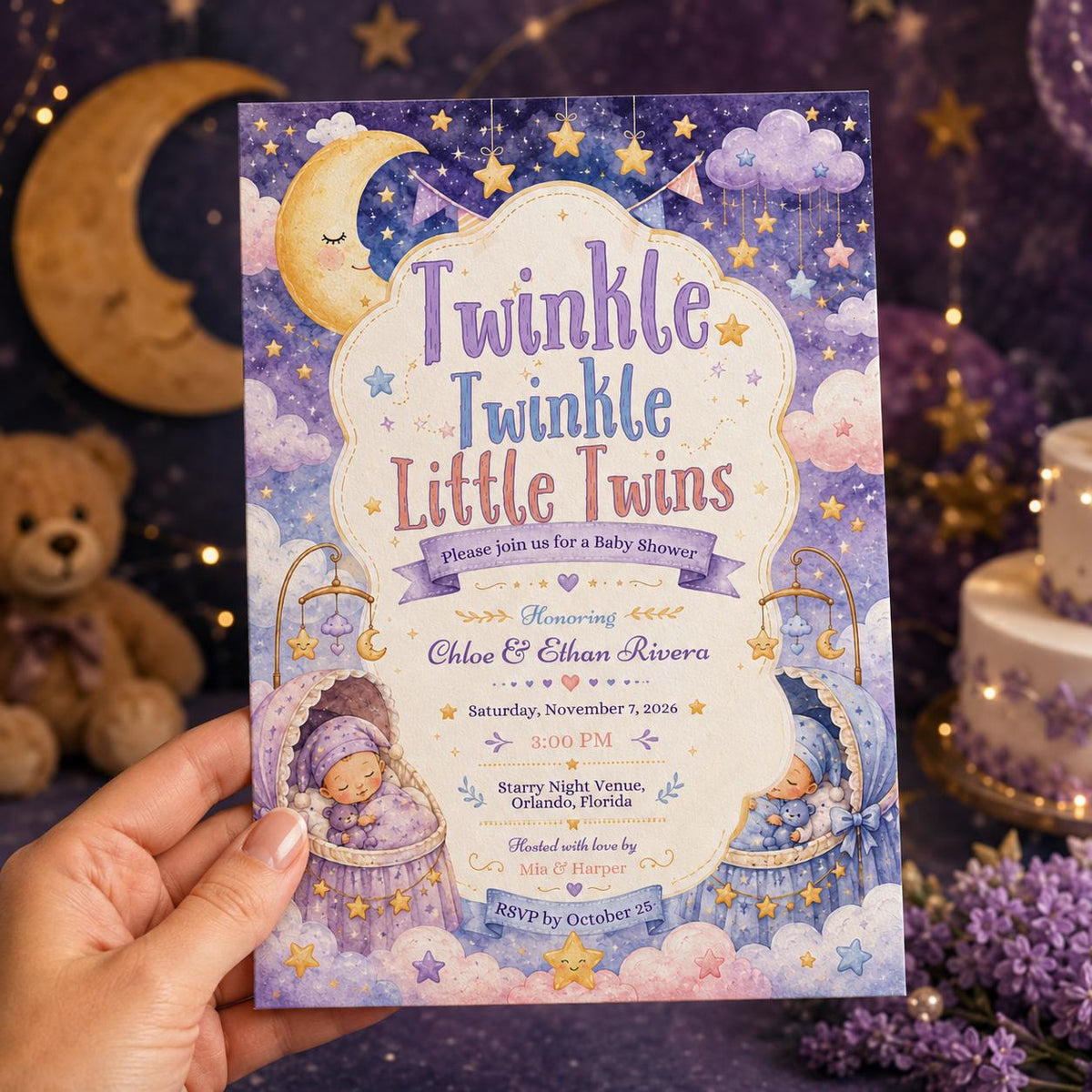 Pink and Purple Twin Baby Shower Invitation — print-ready baby shower design from VoltBy