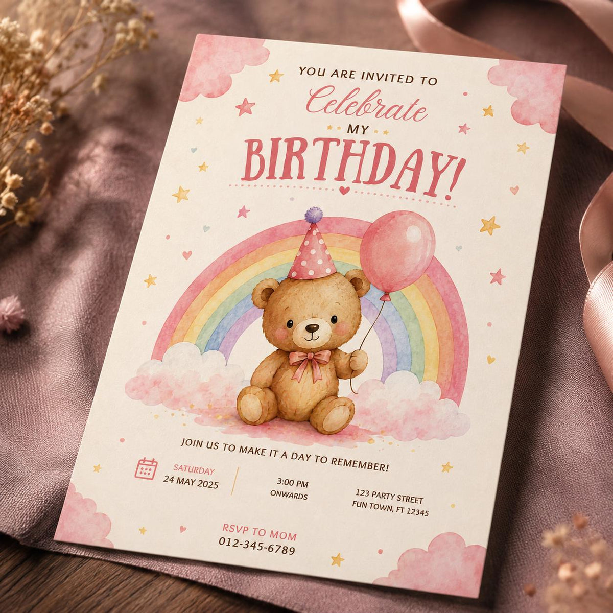 Pink and Rainbow Teddy Bear Birthday Invitation — print-ready birthday party design from VoltBy