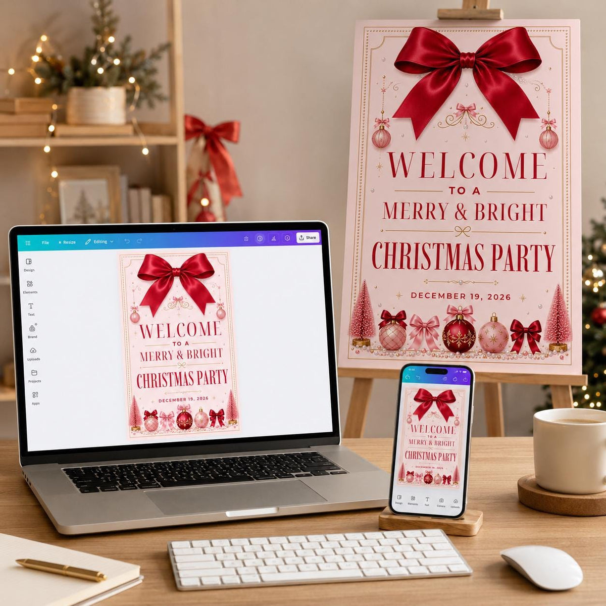 Pink and Red Christmas Party Welcome Sign — print-ready Christmas celebration design from VoltBy