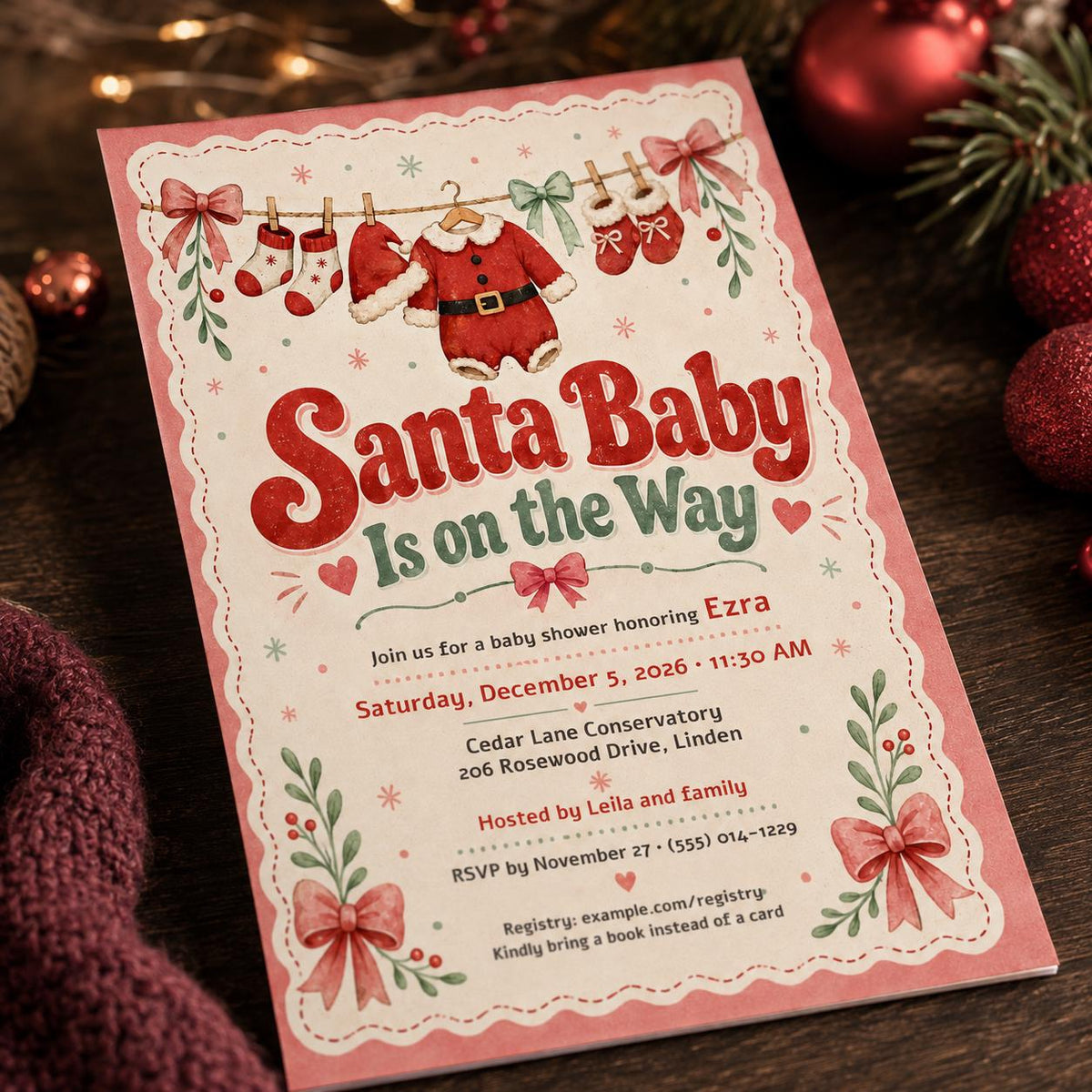 Pink and Red Santa Baby Shower Invitation — baby sprinkle stationery by VoltBy