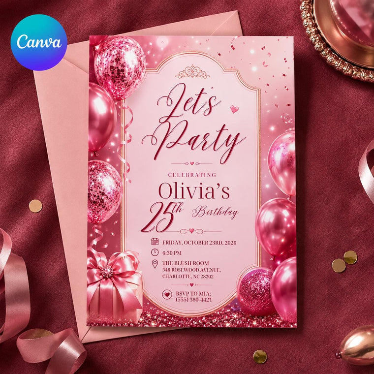 Pink and Rose Gold 25th Birthday Invitation