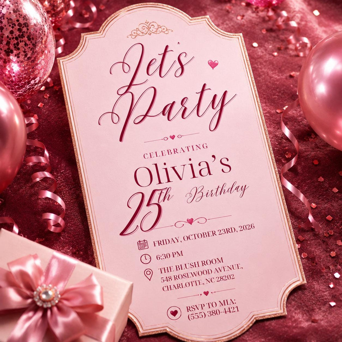 Pink and Rose Gold 25th Birthday Invitation — print-ready 25th birthday party design from VoltBy