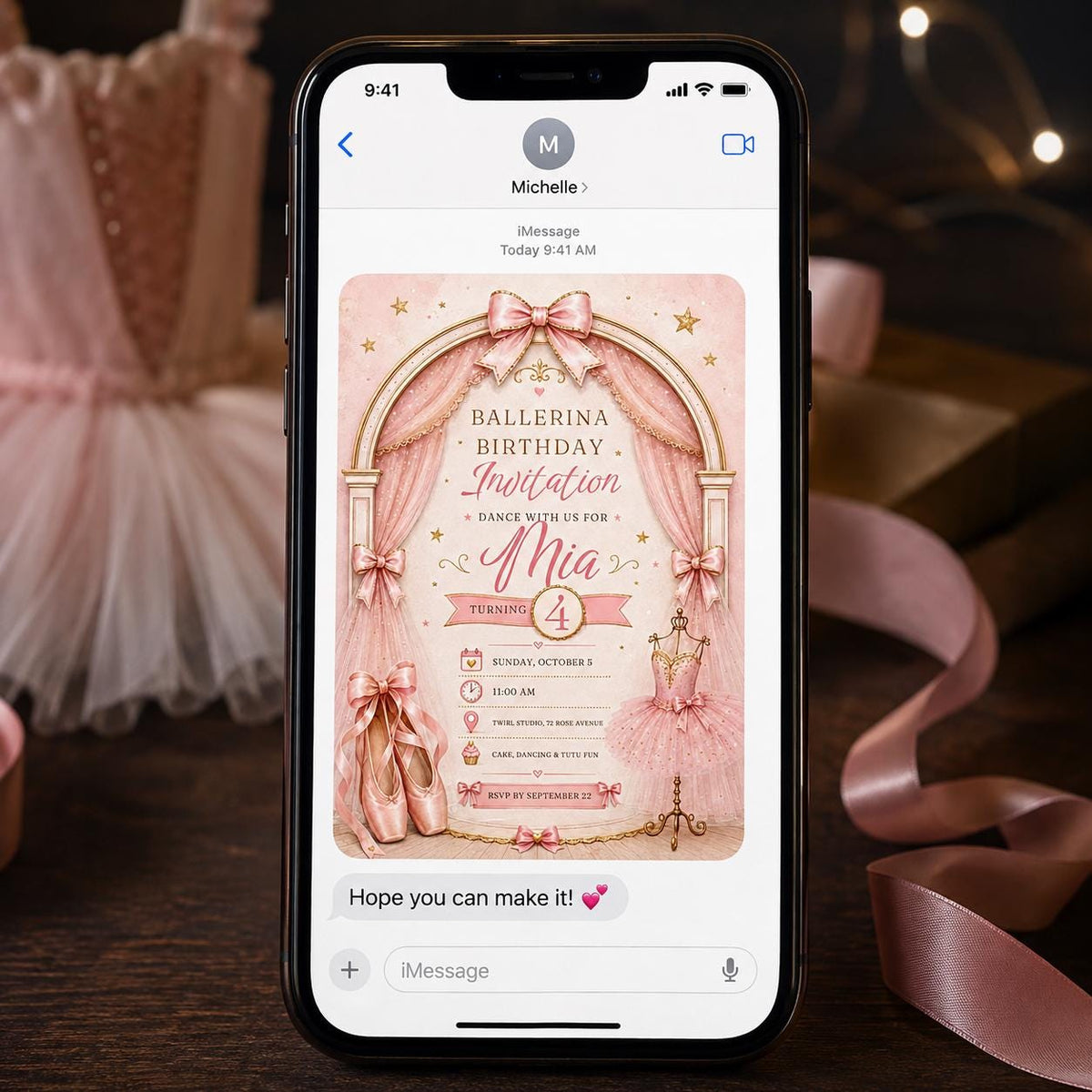 Pink Ballerina 4th Birthday Invitation for Girls — digital invitation, instant download