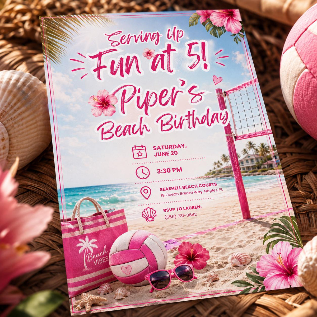 Pink Beach Volleyball 5th Birthday Invitation for Girls — digital invitation, instant download