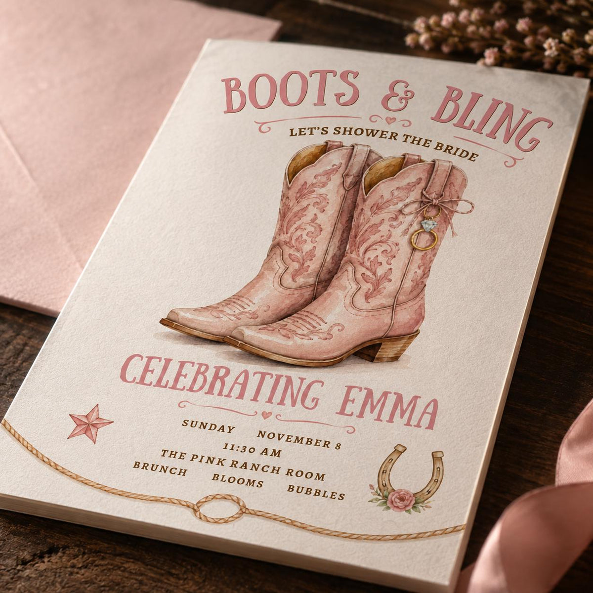 Pink Boots and Bling Bridal Shower Invitation — digital invitation, instant download