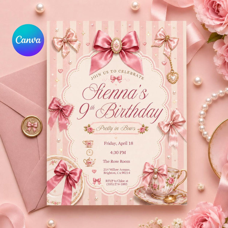 Pink Bow Tea Party 9th Birthday Invitation