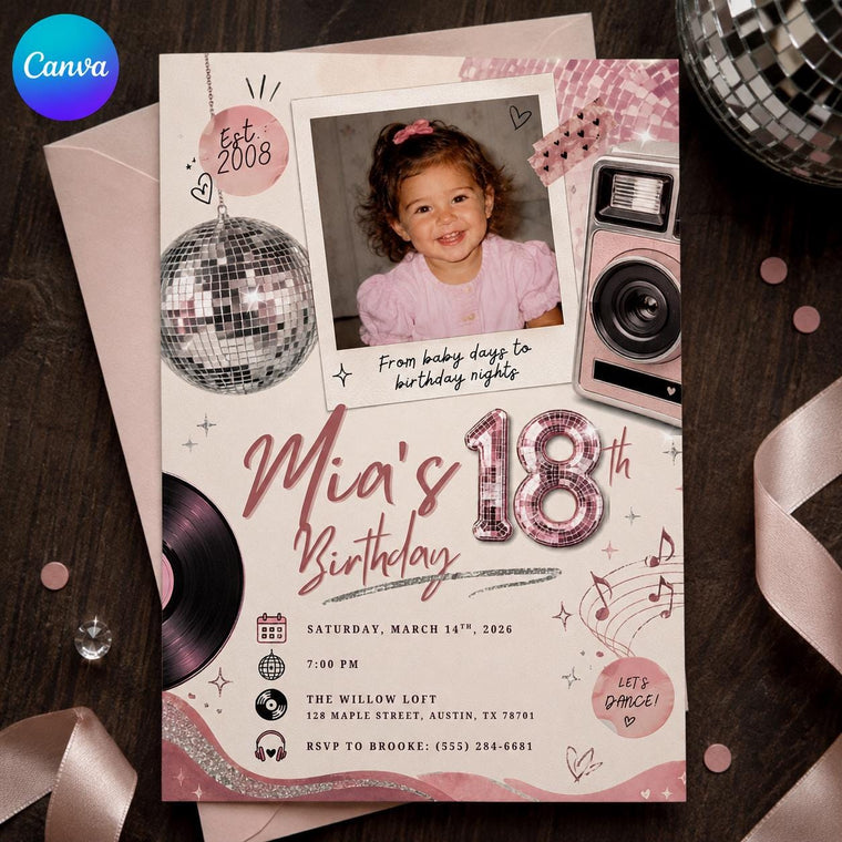 Pink Camera Disco Photo 18th Birthday Invitation