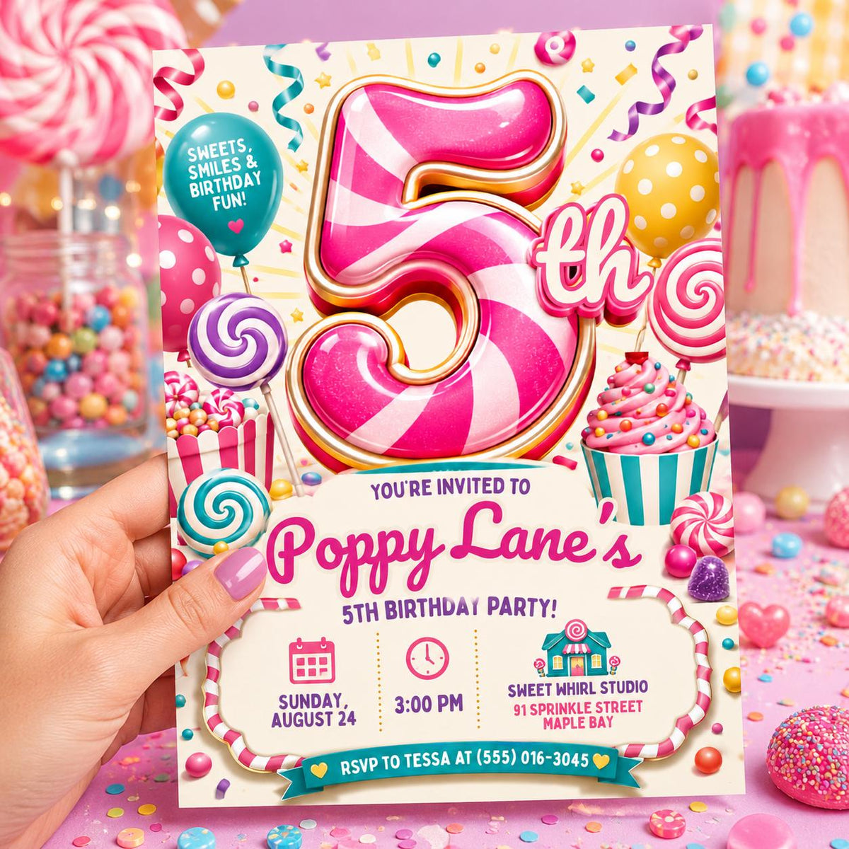 Pink Candy 5th Birthday Invitation: Sweet Five 5th Birthday — 5th birthday party stationery by VoltBy