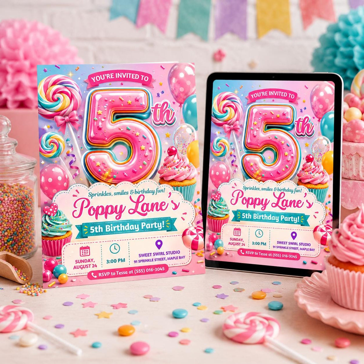 Pink Candy 5th Birthday Invitation: Sweet Shop 5th Girl Party — 5th birthday party stationery by VoltBy