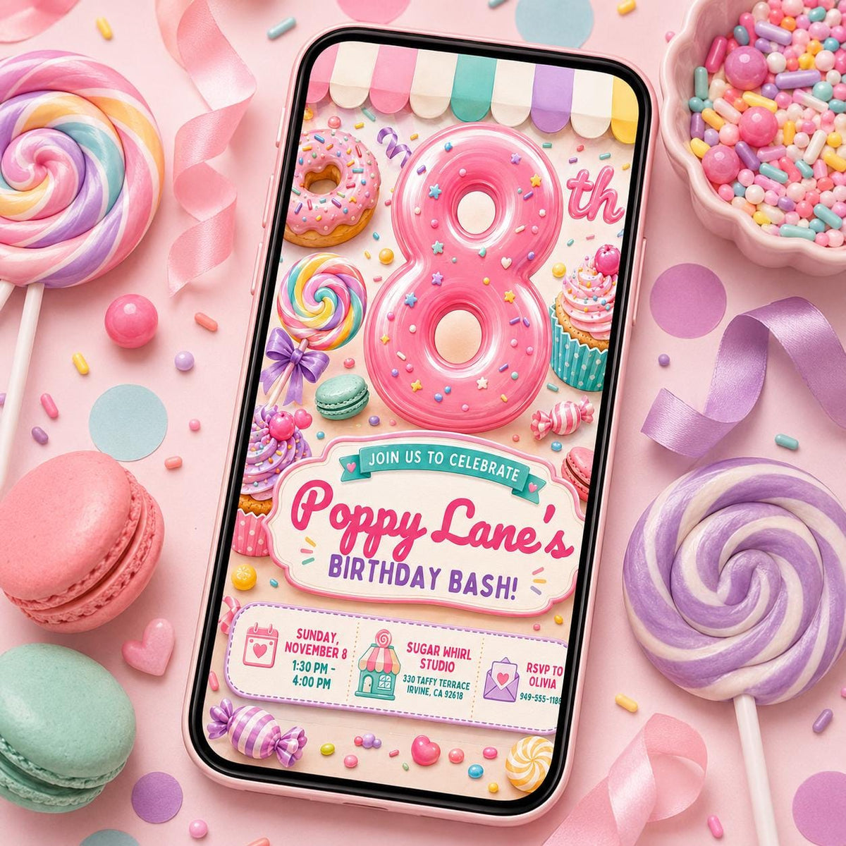 Pink Candy 8th Birthday Invitation: 8th Sweet Shop Girl Party — 8th birthday party stationery by VoltBy