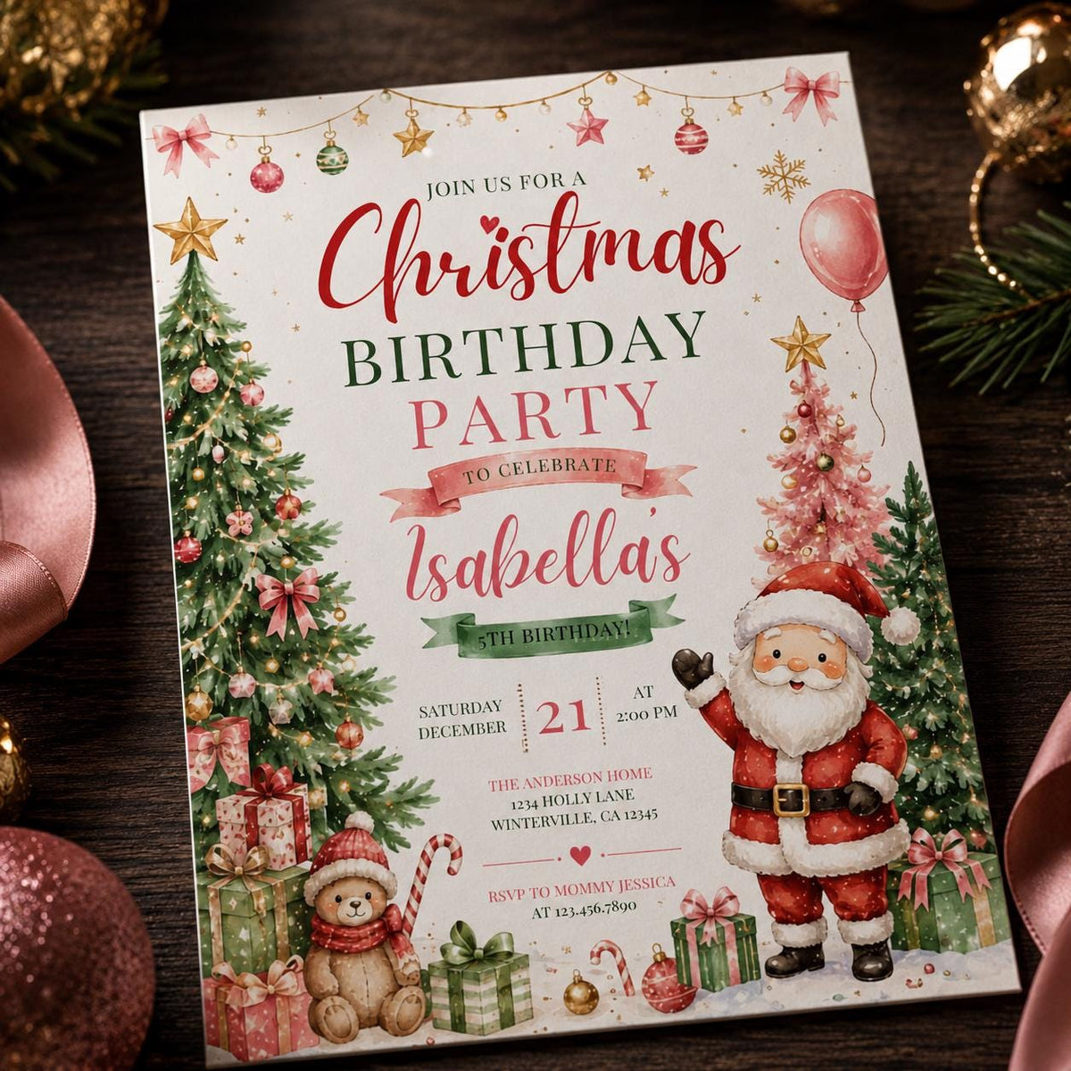 Pink Christmas 5th Birthday Invitation for Girls — digital invitation, instant download