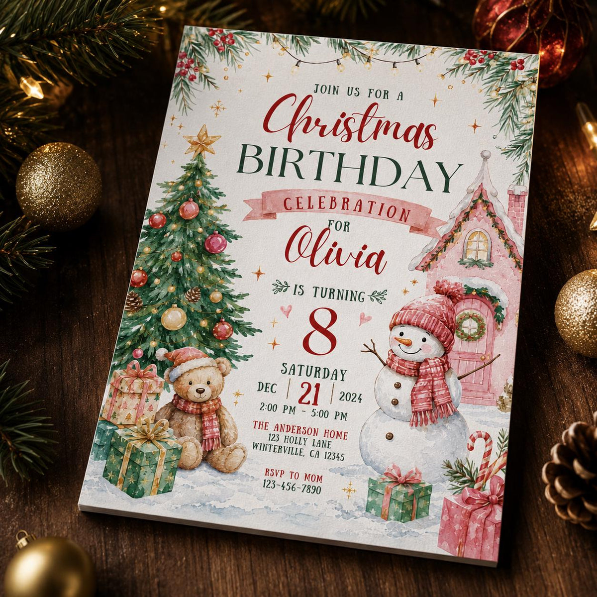 Pink Christmas 8th Birthday Invitation for Girls — digital invitation, instant download