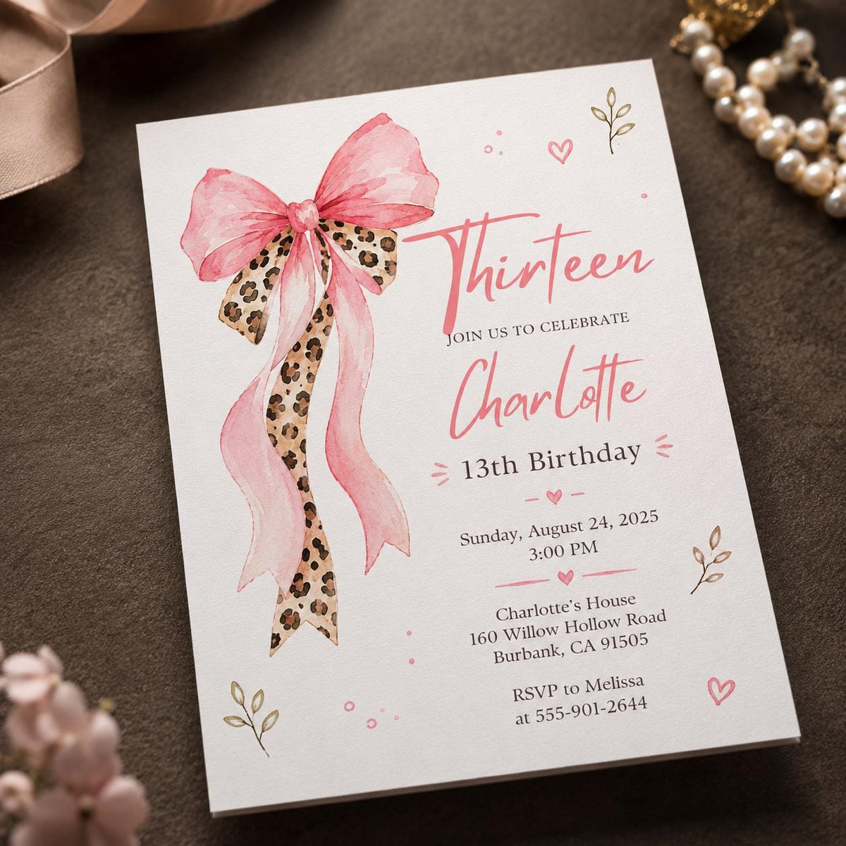 Pink Coquette 13th Birthday Invitation for Girls — digital invitation, instant download
