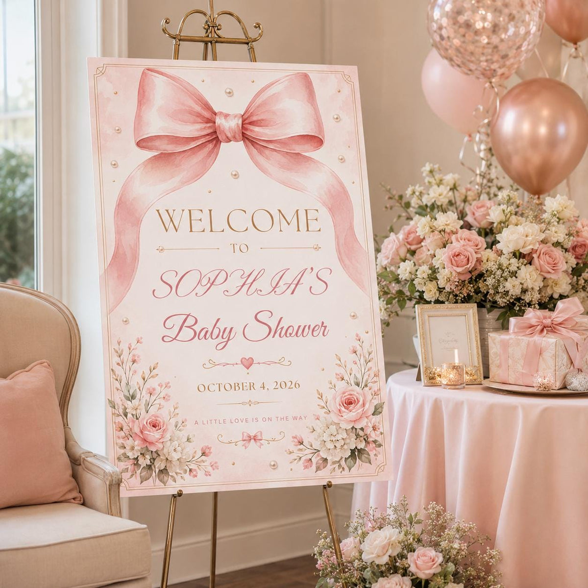 Pink Coquette Baby Shower Welcome Sign — digital welcome sign, instant download