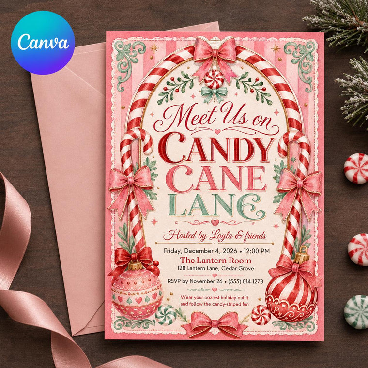 Pink Coquette Candy Cane Lane Christmas Party Invitation for Girls