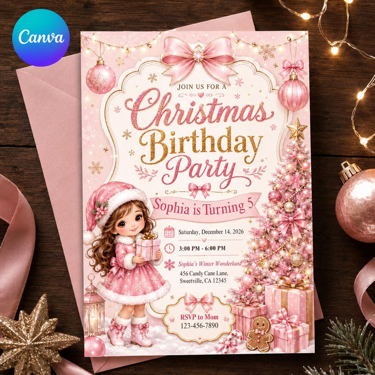 Pink Coquette Christmas 5th Birthday Invitation for Girls