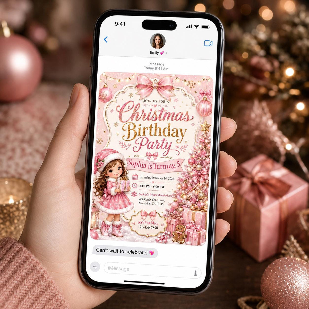 Pink Coquette Christmas 5th Birthday Invitation for Girls — digital invitation, instant download