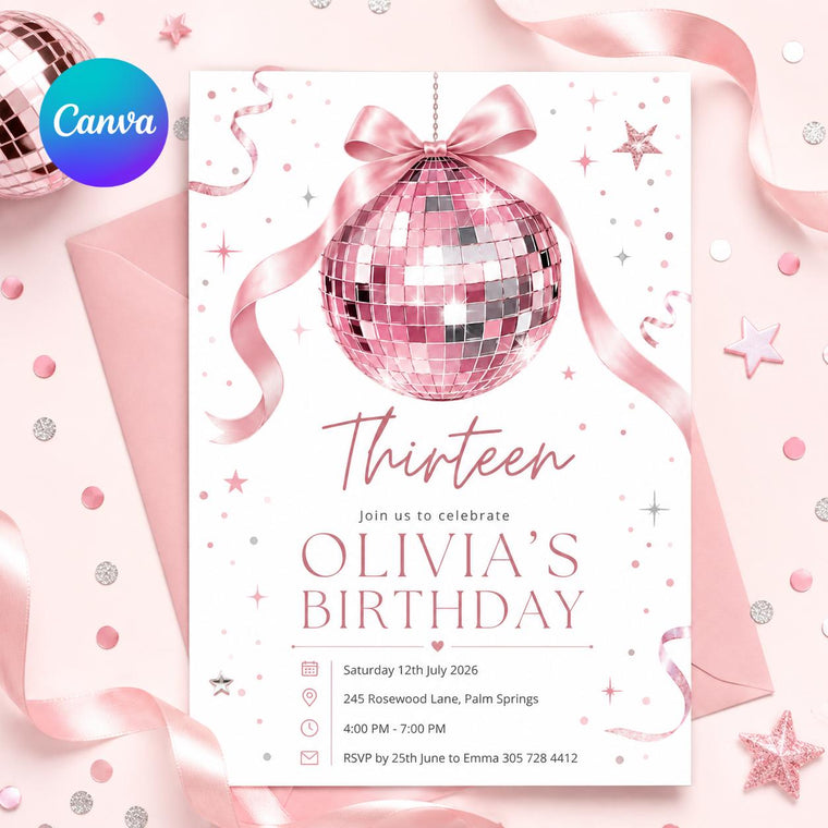 Pink Coquette Disco 13th Birthday Invitation for Girls