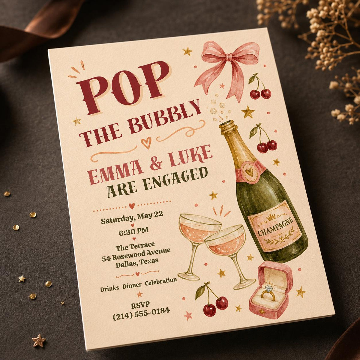 Pink Coquette Engagement Party Invitation — digital invitation, instant download
