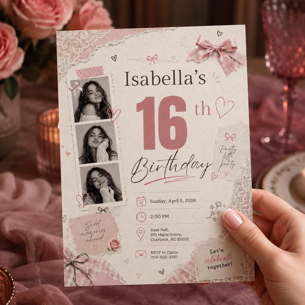 Pink Coquette Sweet 16 Photo Collage Invitation — sweet 16 stationery by VoltBy