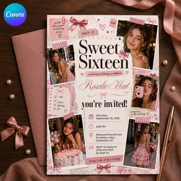 Pink Coquette Sweet 16 Scrapbook Invitation for Girls