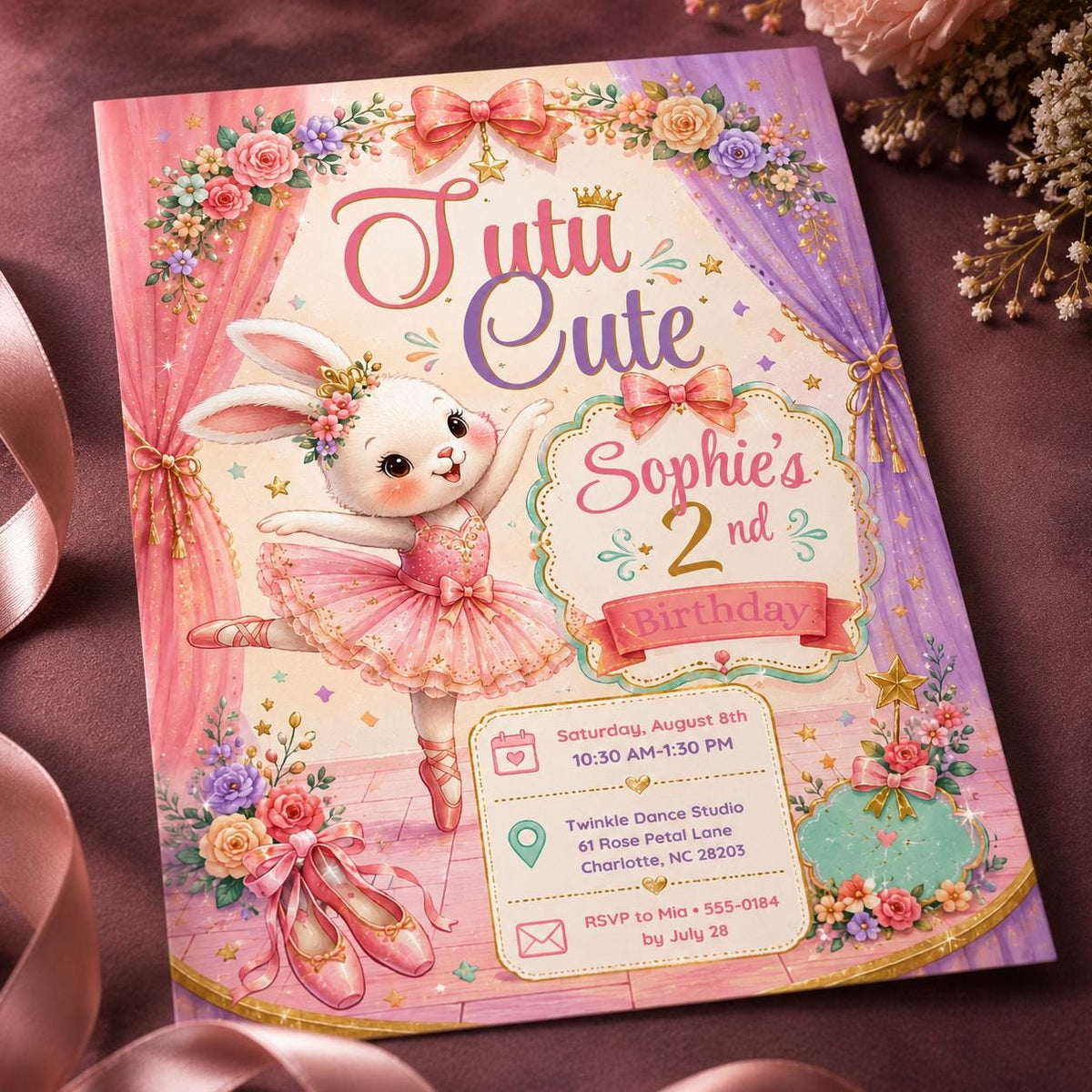 Pink Coquette Tutu Cute 2nd Birthday Invitation for Girls — digital invitation, instant download