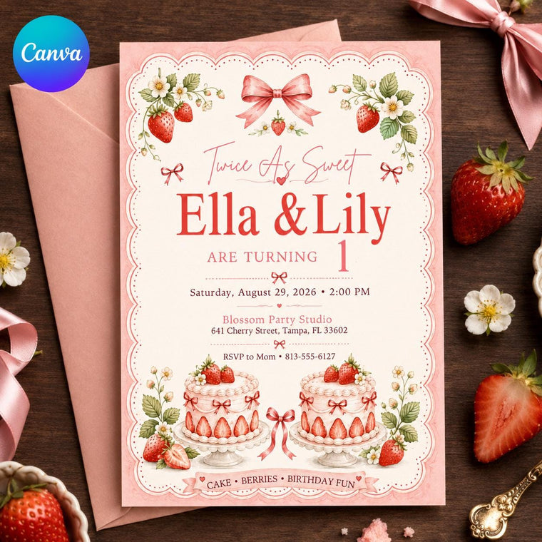 Pink Coquette Twin First Birthday Invitation