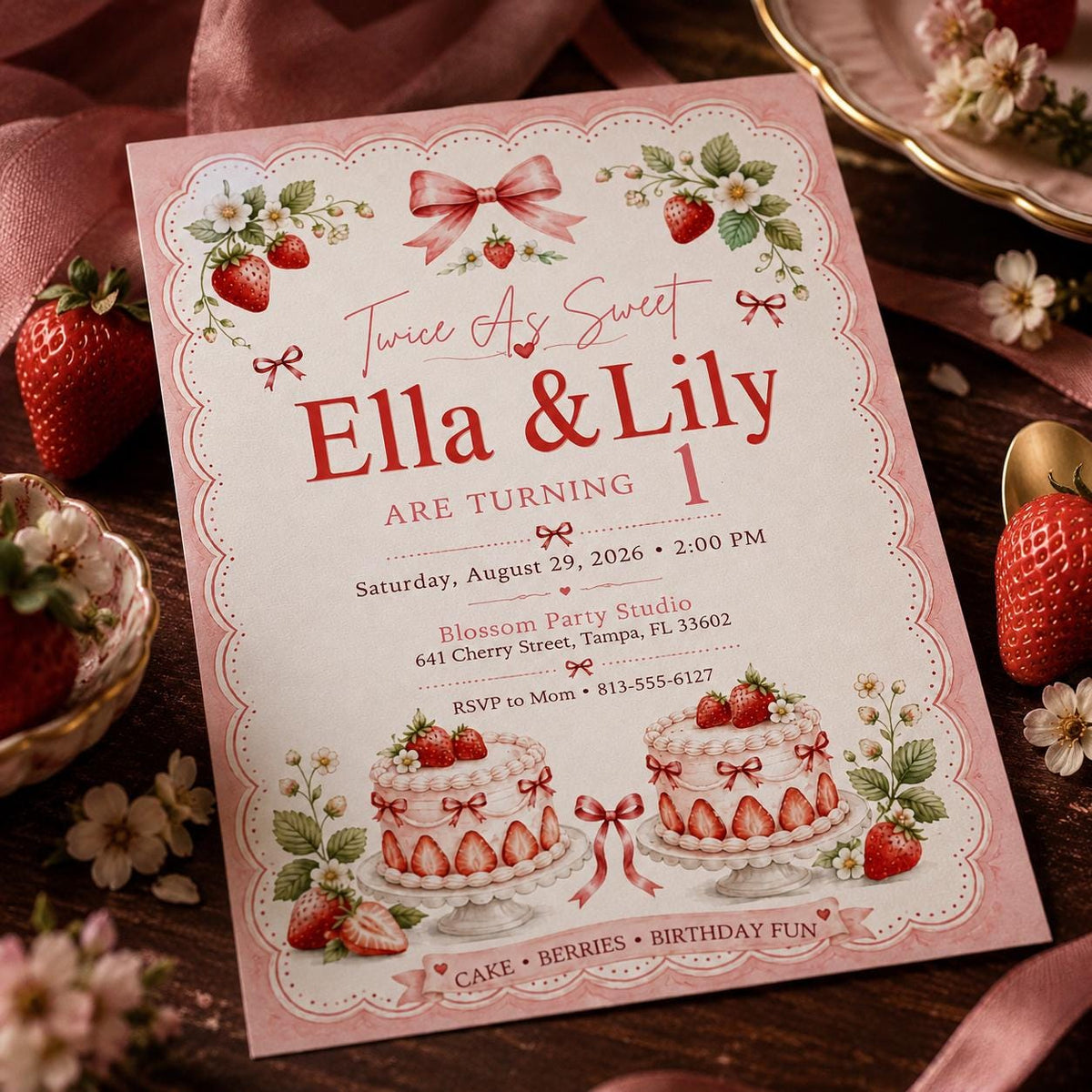 Pink Coquette Twin First Birthday Invitation — digital invitation, instant download