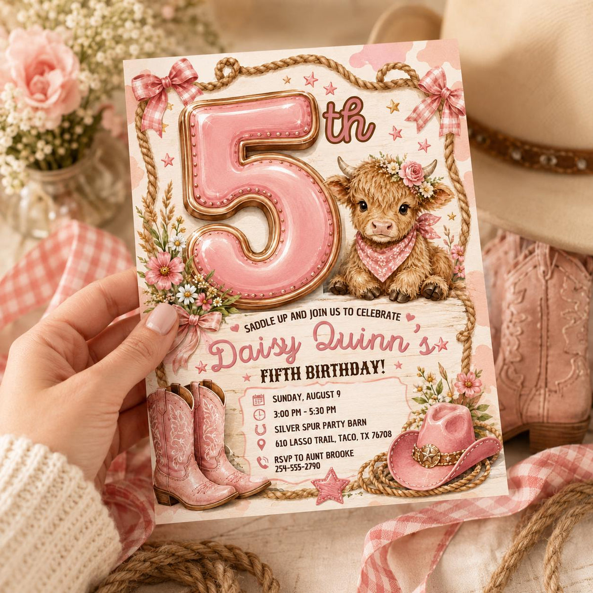 Pink Cowgirl 5th Birthday Invitation — digital invitation, instant download