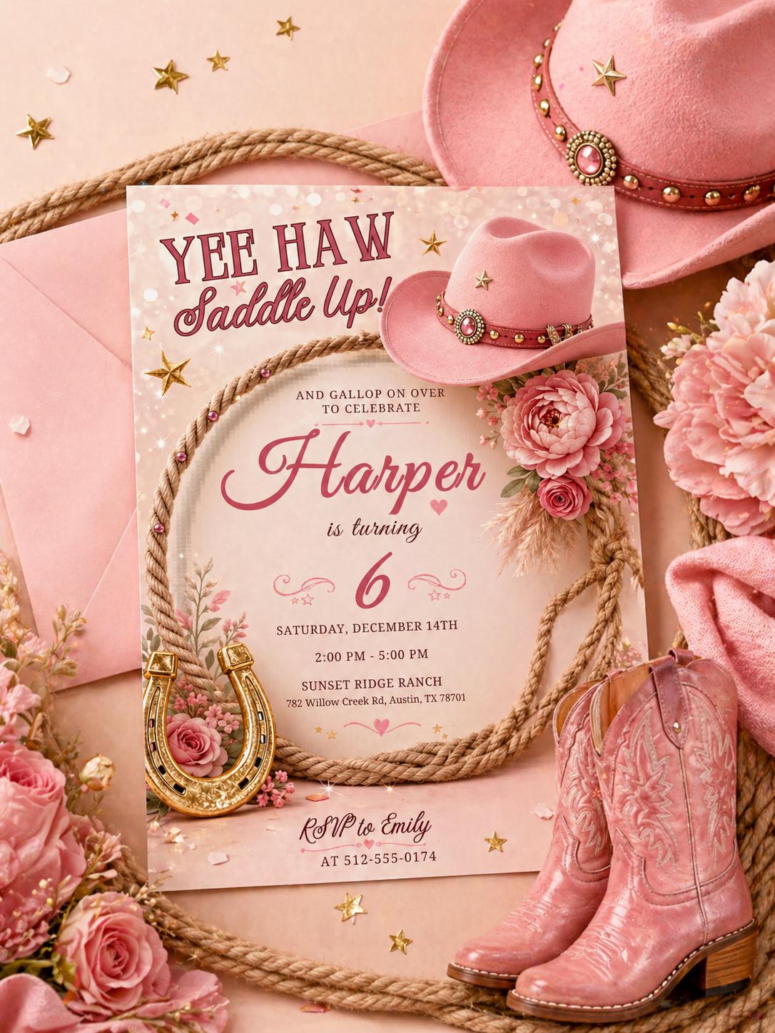 Pink Cowgirl 6th Birthday Invitation with Roses — print-ready 6th birthday party design from VoltBy