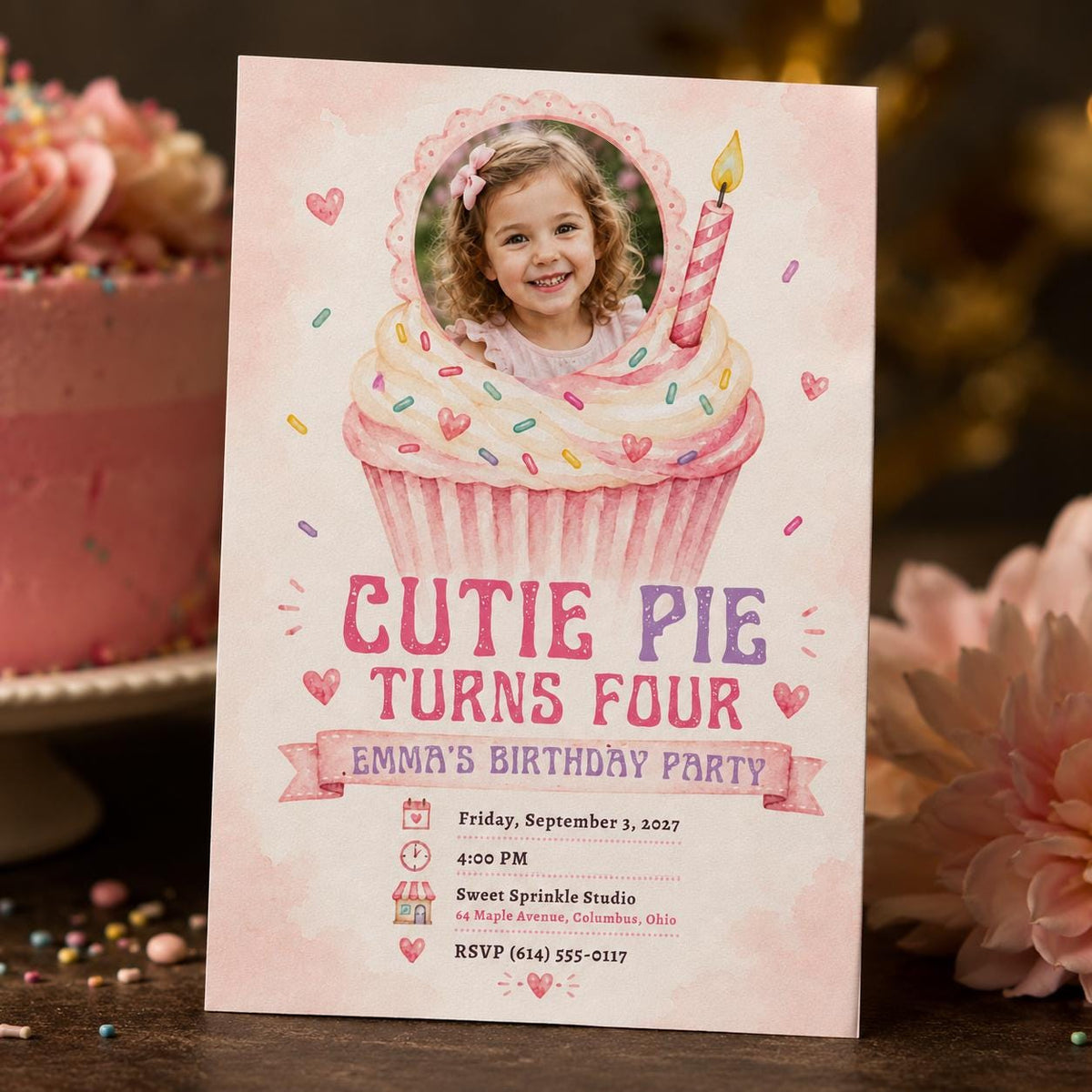 Pink Cupcake 4th Birthday Invitation for Girls — 4th birthday party stationery by VoltBy
