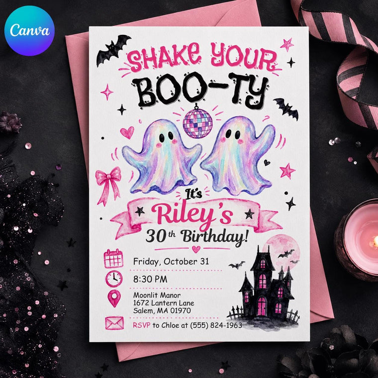 Pink Disco Halloween 30th Birthday Invitation