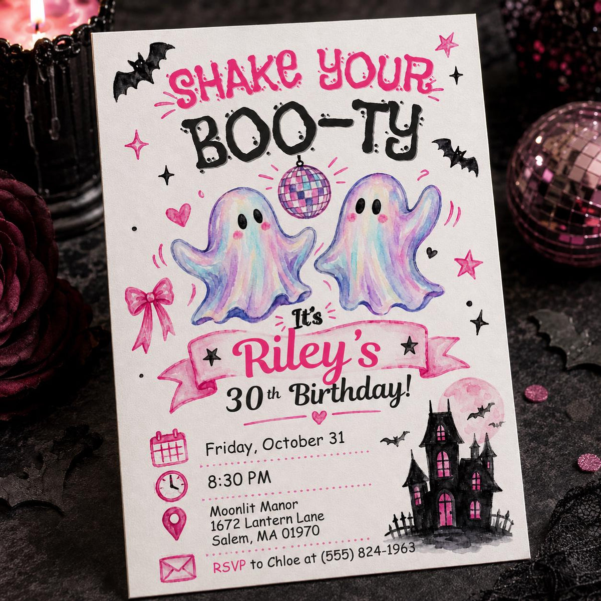 Pink Disco Halloween 30th Birthday Invitation — digital invitation, instant download