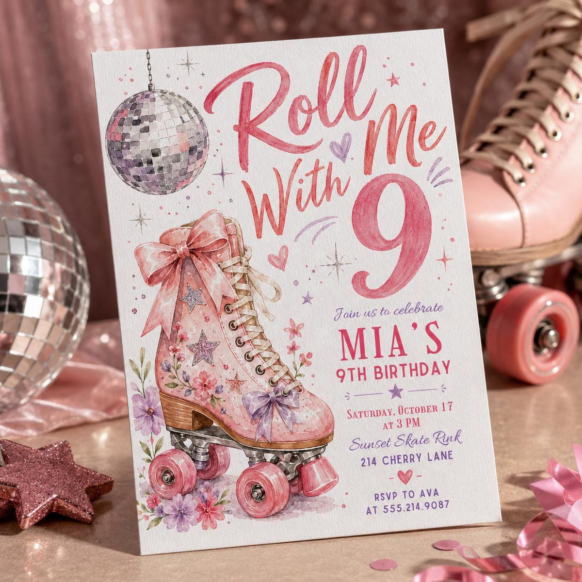Pink Disco Roller Skate 9th Birthday Invitation for Girls — digital invitation, instant download