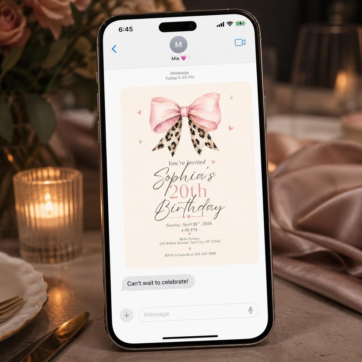 Pink Elegant 20th Birthday Invitation — print-ready 20th birthday party design from VoltBy
