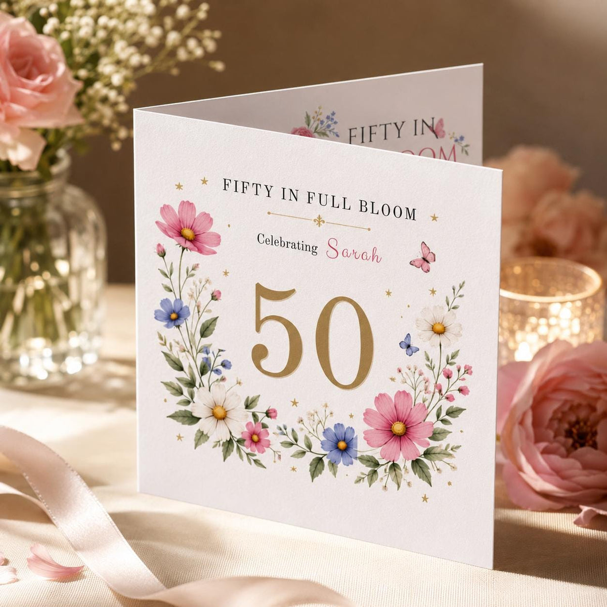 Pink Elegant 50th Birthday Greeting Card for Her — digital greeting card, instant download