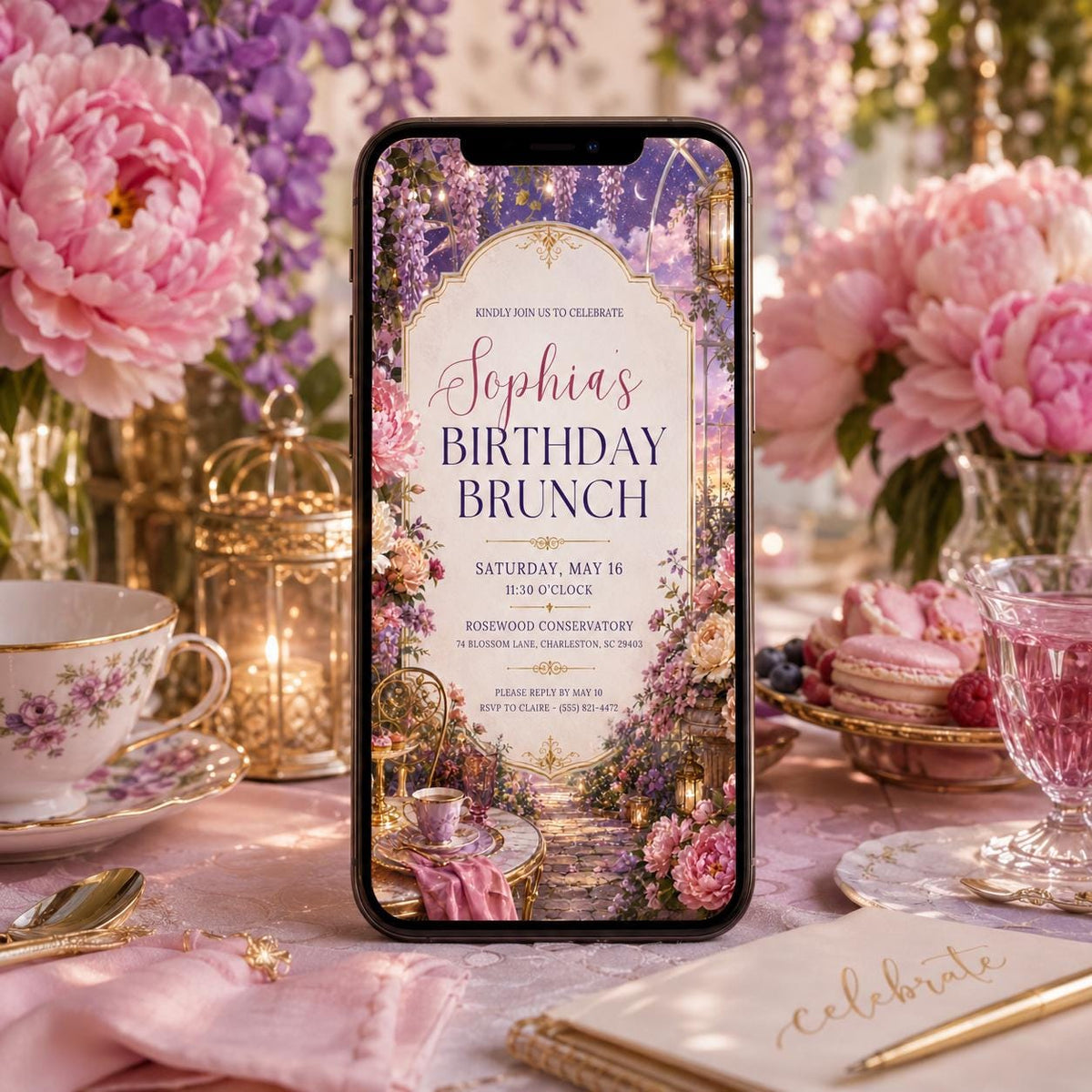 Pink Elegant Birthday Brunch Invitation — digital invitation, instant download