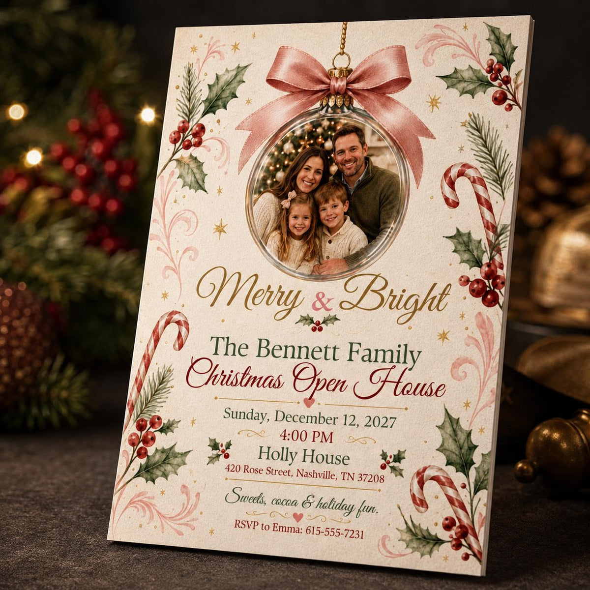 Pink Elegant Christmas Open House Invitation — digital invitation, instant download
