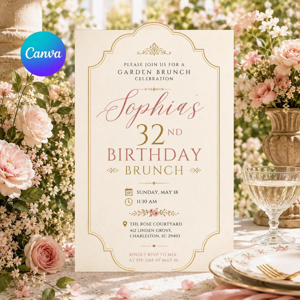 Pink Elegant Garden Brunch 32nd Birthday Invitation — design view 2