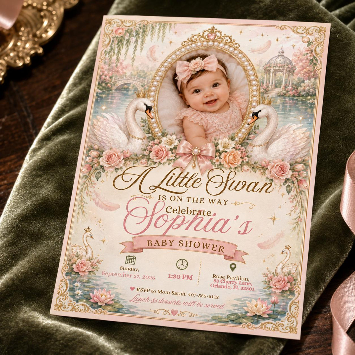 Pink Elegant Swan Baby Shower Invitation for Girls — digital invitation, instant download