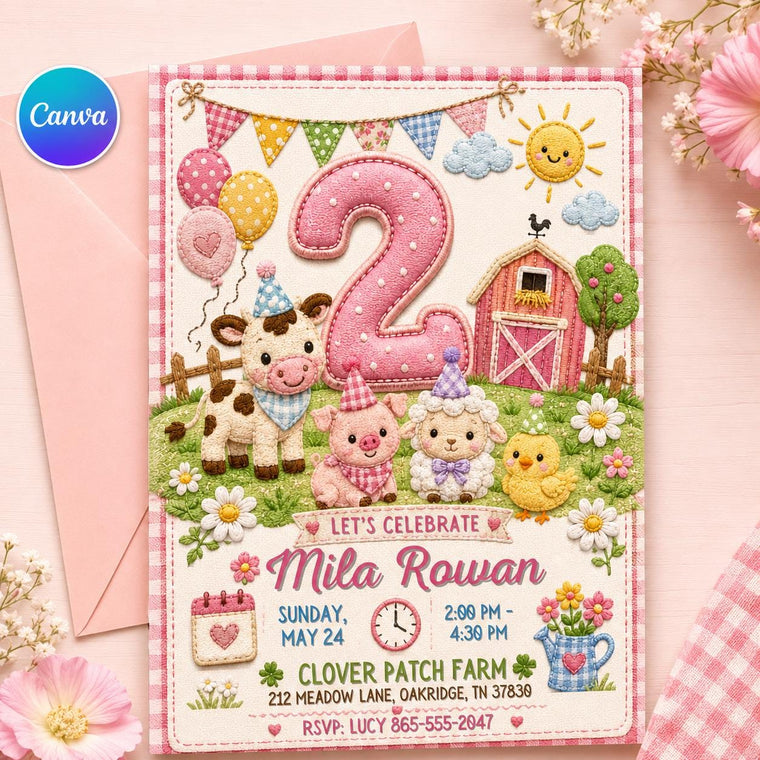 Pink Farm 2nd Birthday Invitation for Girls