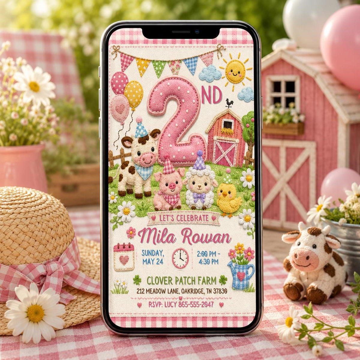 Pink Farm 2nd Birthday Invitation for Girls — 2nd birthday party stationery by VoltBy