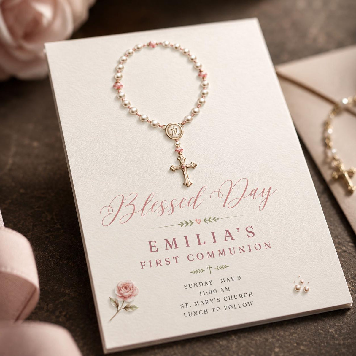 Pink First Communion Invitation for Girl — digital invitation, instant download