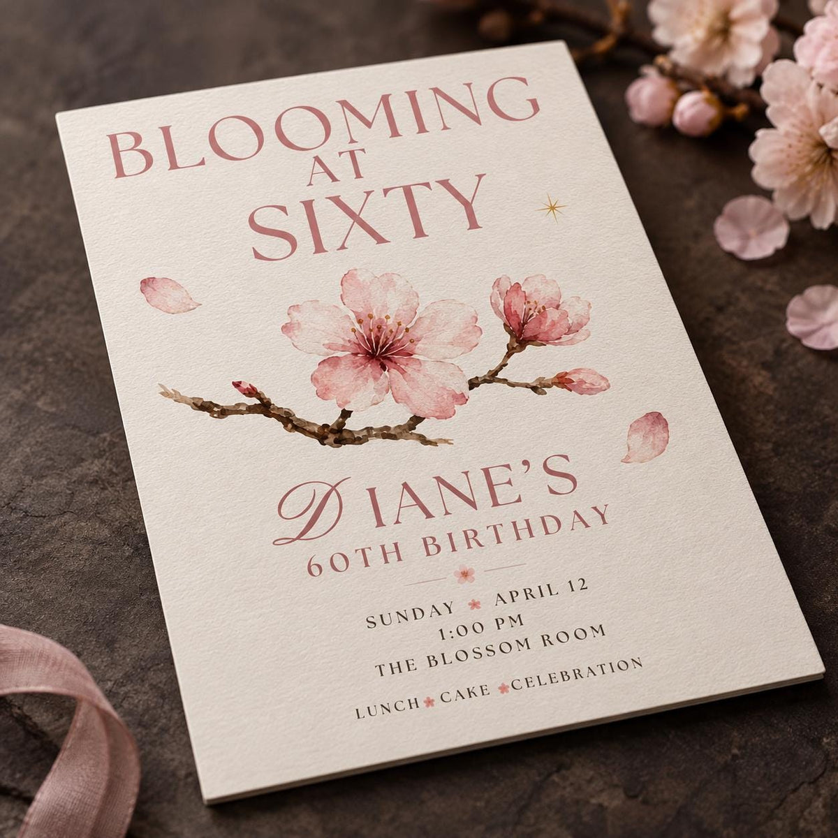 Pink Floral 60th Birthday Invitation — print-ready 60th birthday party design from VoltBy
