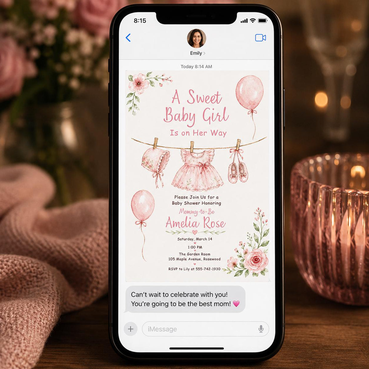 Pink Floral Baby Girl Shower Invitation — digital invitation, instant download