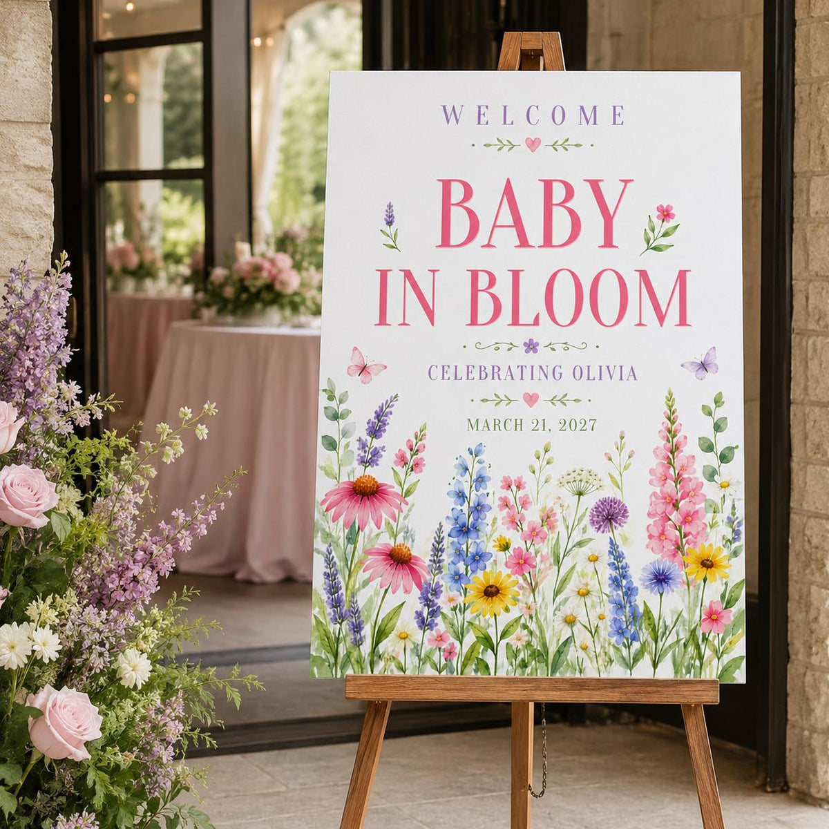 Pink Floral Baby in Bloom Welcome Sign — digital welcome sign, instant download